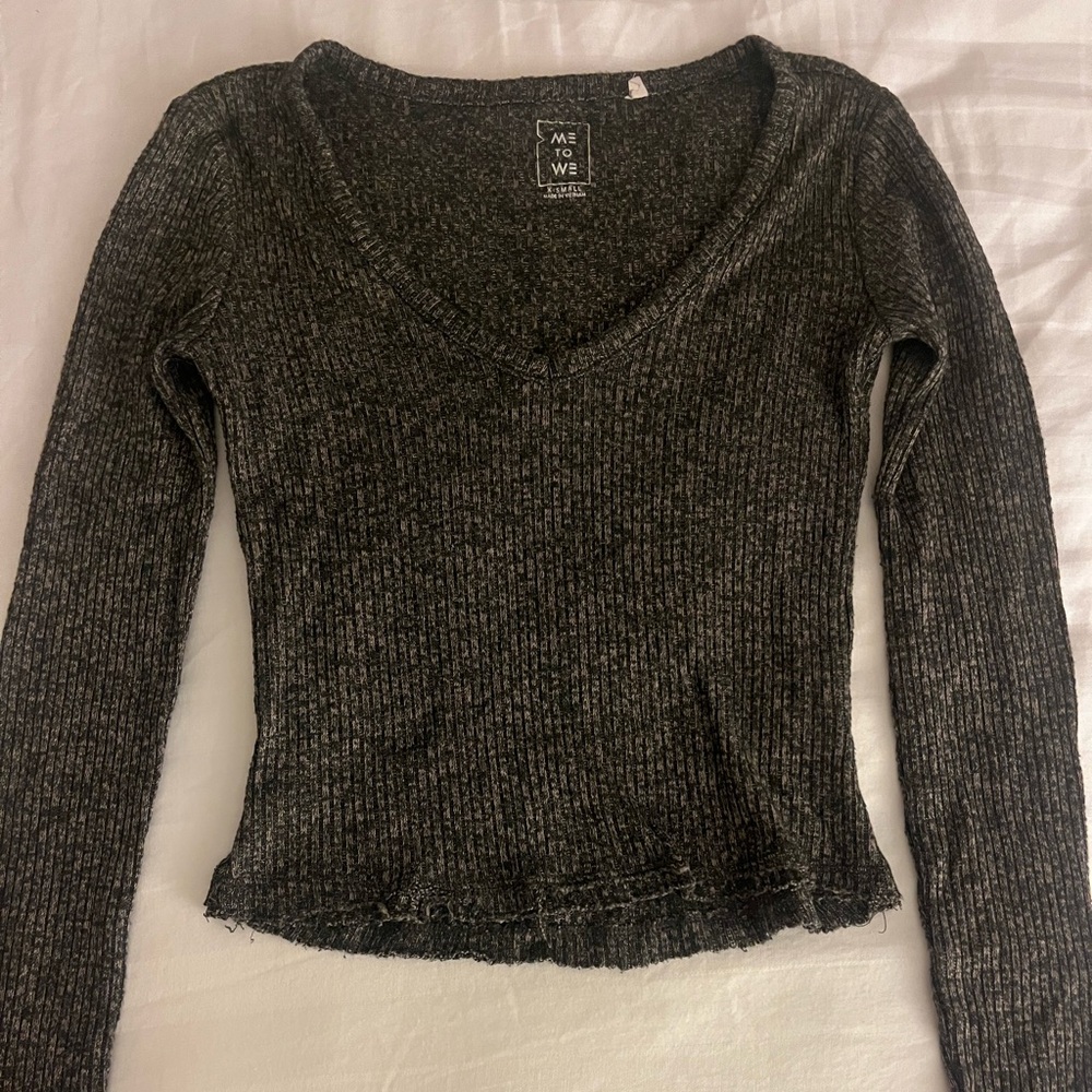 Me to We Charcoal Ribbed V-Neck Blouse